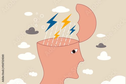 Depression, anger, stressed and anxiety emotion concept, man with head open reveal his brain with thunder storm raining metaphor of depressed or mental illness.