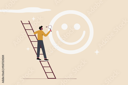 Happiness and positive thinking, optimism or motivation to live happy life concept, happy boy climb up ladder to paint smile face on the wall.