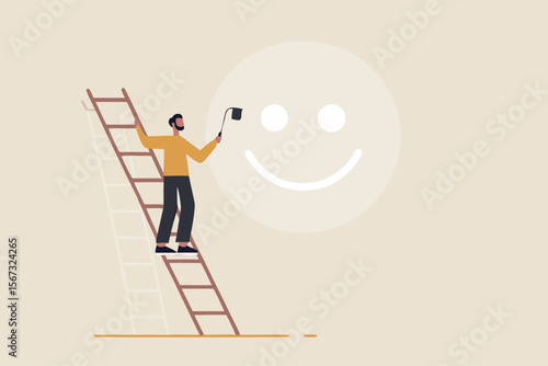 Happiness and positive thinking, optimism or motivation to live happy life concept, happy boy climb up ladder to paint smile face on the wall.