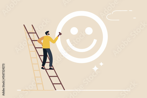 Happiness and positive thinking, optimism or motivation to live happy life concept, happy boy climb up ladder to paint smile face on the wall.
