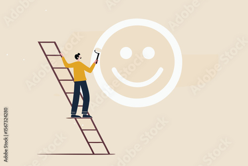 Happiness and positive thinking, optimism or motivation to live happy life concept, happy boy climb up ladder to paint smile face on the wall.