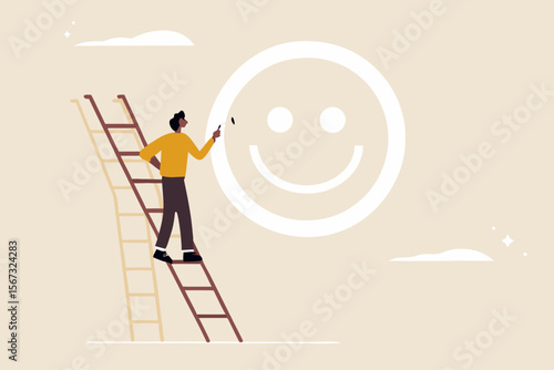 Happiness and positive thinking, optimism or motivation to live happy life concept, happy boy climb up ladder to paint smile face on the wall.