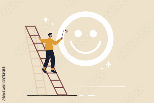 Happiness and positive thinking, optimism or motivation to live happy life concept, happy boy climb up ladder to paint smile face on the wall.