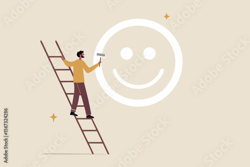 Happiness and positive thinking, optimism or motivation to live happy life concept, happy boy climb up ladder to paint smile face on the wall.