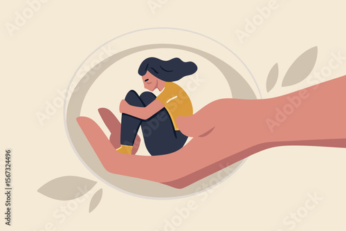 Mental health treatment, care and understanding about depression illness or psychotherapy to protect mental illness concept, warm hand tendering hold depressed solitude girl to solve stress problem.