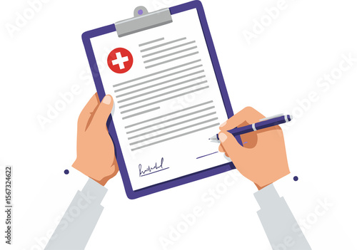 Flat vector illustration of a medical concept showing hands holding a clipboard with a healthcare document