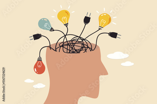 Overthinking, anxiety caused by thinking too much, lost in chaos decision, messed up process or confusion thought concept, human head with messy chaos cable line of electric plug and lightbulb ideas.