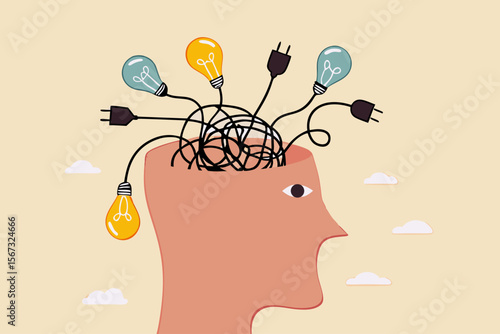 Overthinking, anxiety caused by thinking too much, lost in chaos decision, messed up process or confusion thought concept, human head with messy chaos cable line of electric plug and lightbulb ideas.