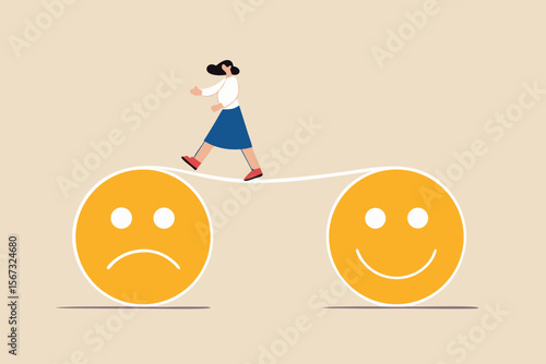Relaxation make anxiety or stressed to happy, optimistic relief or metal illness therapy, bipolar disorder or mindful thinking concept, depressed woman walk the line from sadness to smile face.