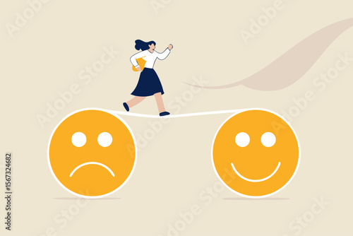 Relaxation make anxiety or stressed to happy, optimistic relief or metal illness therapy, bipolar disorder or mindful thinking concept, depressed woman walk the line from sadness to smile face.