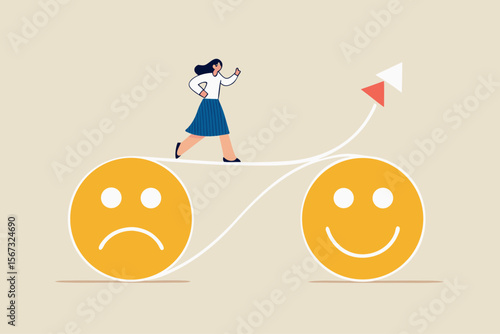 Relaxation make anxiety or stressed to happy, optimistic relief or metal illness therapy, bipolar disorder or mindful thinking concept, depressed woman walk the line from sadness to smile face.