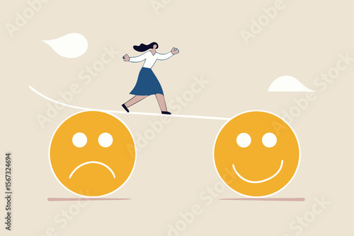 Relaxation make anxiety or stressed to happy, optimistic relief or metal illness therapy, bipolar disorder or mindful thinking concept, depressed woman walk the line from sadness to smile face.