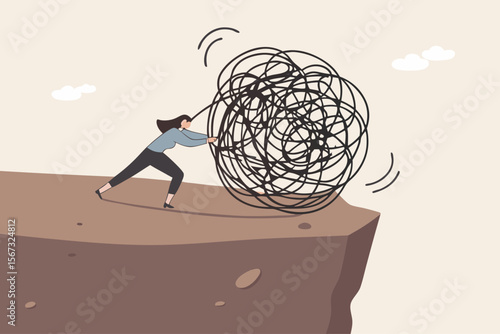 Depression and anxiety caused by stress and pressure, relaxation help relieve stress, overcome frustration, reduce tension and make peaceful life, happy woman push messy chaos stress ball off a cliff.
