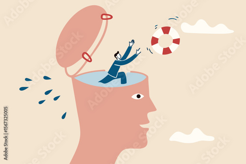 Mental illness therapy or help, depression or anxiety disorder rescue, psychology or stressed healing concept, therapist throw lifebuoy to help man drowning in his depressed brain.