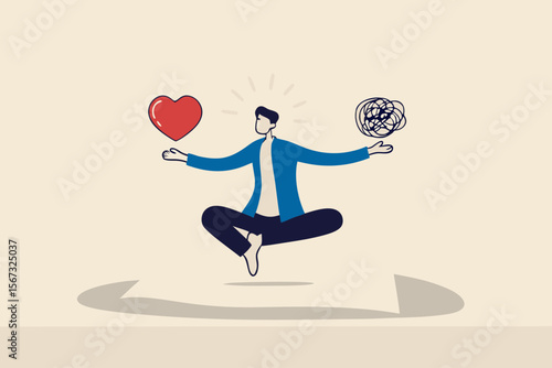 Stress management balance between work concentration and mental health, work life balance or meditation and relax, businessman meditate floating balancing messy chaos and work passion heart shape.