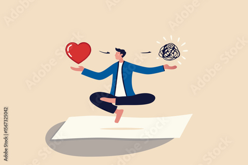 Stress management balance between work concentration and mental health, work life balance or meditation and relax, businessman meditate floating balancing messy chaos and work passion heart shape.