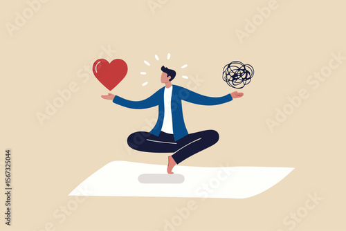 Stress management balance between work concentration and mental health, work life balance or meditation and relax, businessman meditate floating balancing messy chaos and work passion heart shape.