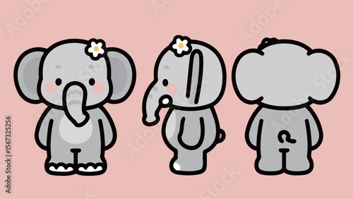 Cute Elephants with Flowers Facing Different Directions