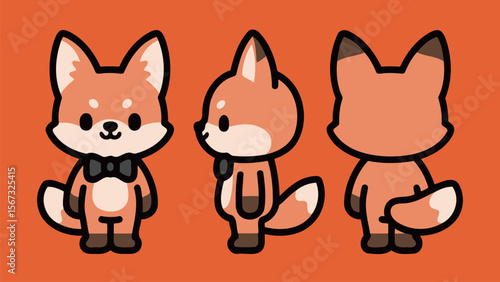 Cute Fox Character in Three Poses front side and back view