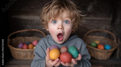 A 5-year-old child holding a colorful egg, wide-eyed and mouth open in delight