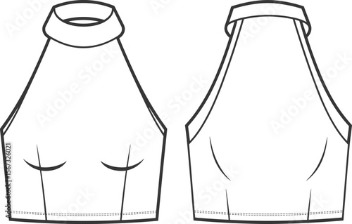 Cad drawing flat vector illustration of sleeveless halter neck crop top with front and back technical fashion sketch