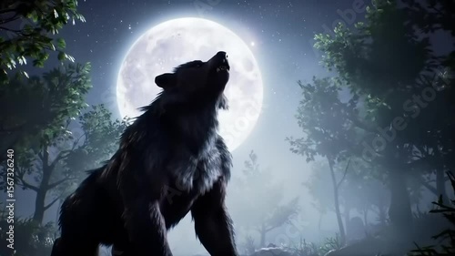 Majestic wolf howling under a full moon in a serene forest at night, creating an enchanting atmosphere