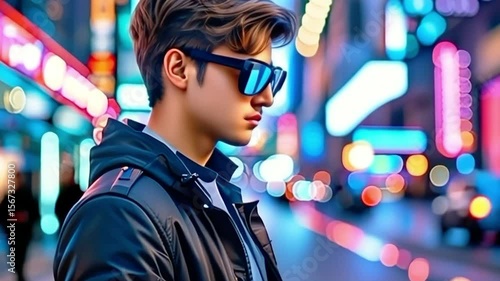 Young man using augmented reality glasses in smart city