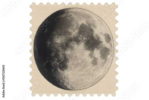 Vintage postage stamp featuring waxing gibbous lunar phase, detailed illustration sitting against transparent background
