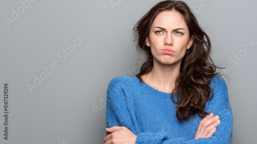 Envy (Age 31) - Woman looking to the side with a slight frown, pursed lips, arms crossed protectively