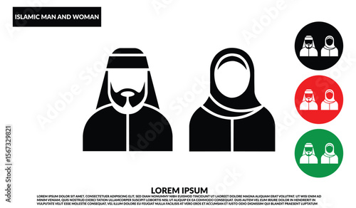 Islamic man and woman icon, Arab couple in traditional dress vector illustration, Muslim male and female silhouette avatar