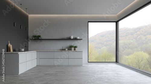 Modern kitchen with large picture window showcasing a hillside autumn view