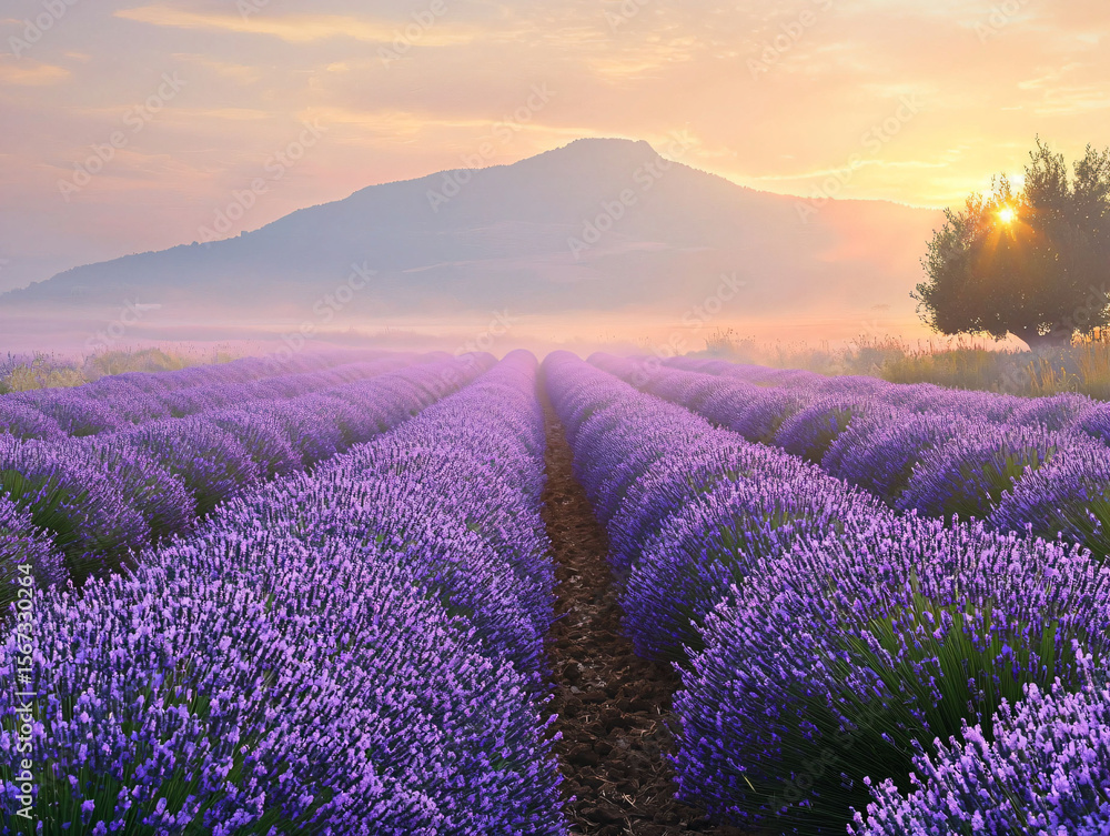 Obraz premium Serene Lavender Fields at Sunrise with Soft Light and Gentle Hills