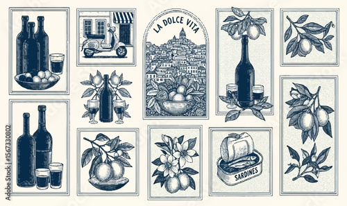 Food and drink illustration set with Mediterranean theme and La Dolce Vita message