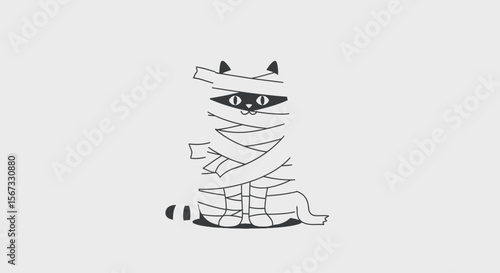 Funny minimalist flat vector of a cat wrapped entirely in toilet paper, pretending to be a mummy, Halloween style, clean background