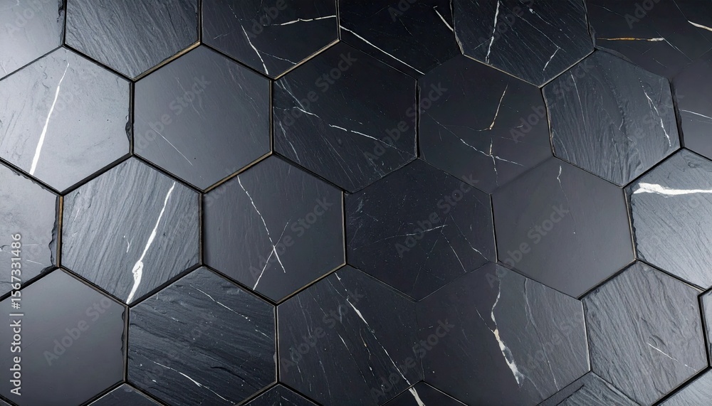 Close Up Shot of Polished Black Slate Hexagon Tiles with Natural Cleavage Edges and White Veins Close Up Shot of Polished Black Slate Hexagon Tiles with Natural Cleavage Edges and White Veins