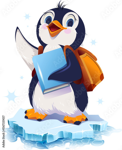 Back to school bird penguin schoolboy with backpack on his back holding book. Vector cartoon illustration education