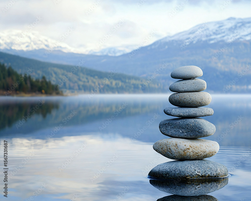 Tranquil Stacked Stones on Serene Lake with Mountain Backdrop Tranquil Stacked Stones on Serene Lake with Mountain Backdrop