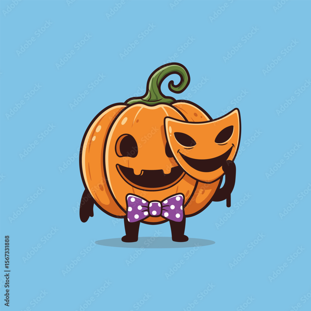 Fototapeta premium Smiling cartoon pumpkin wearing a polka-dot bow tie, holding a matching mask with a cheerful expression, set against a light blue background.