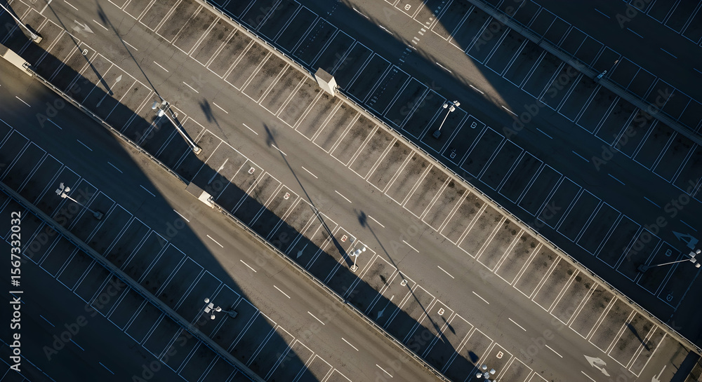 Obraz premium Aerial View Of A Vast Empty Parking Lot With Geometric Lines And Shadows