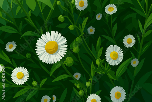 The image displays a vibrant field of white daisy flowers with bright yellow centers, blooming amidst a backdrop of lush green leaves. The daisies are in various stages of bloom, from tightly closed b
