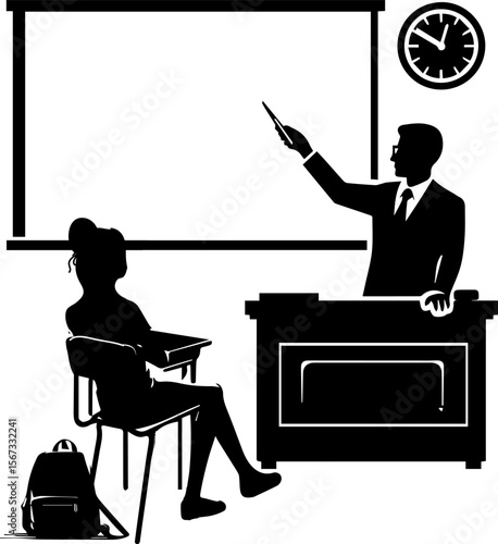 Teacher instructing student in classroom with blank chalkboard  