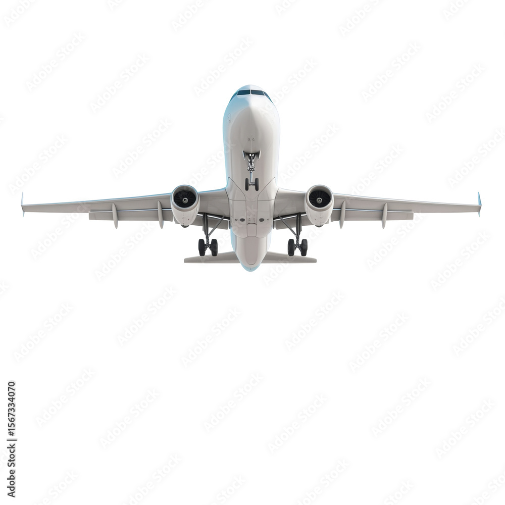 Obraz premium Airplane taking off with clear view of front, showcasing its sleek design and powerful engines