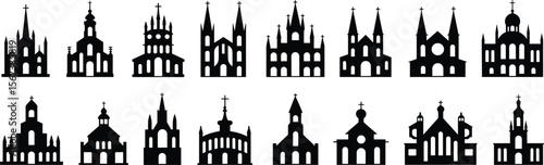 Church building silhouettes, religious architecture icons, cathedral vector design, black church clipart set, Christian church shapes, flat vector illustration