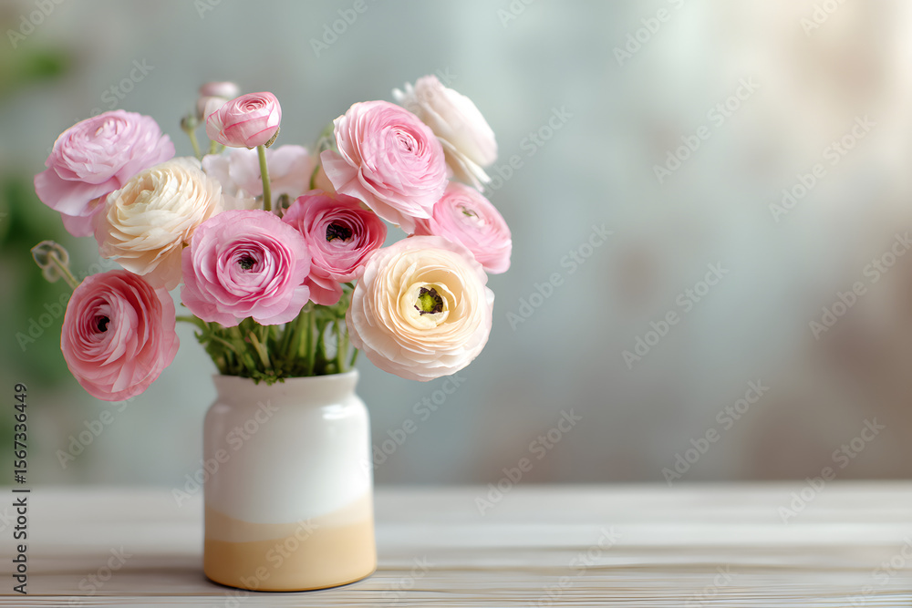 Obraz premium Elegant bouquet of pink and cream ranunculus flowers in a ceramic vase, placed on a light wooden surface with soft, blurred background, creating a serene, floral arrangement.