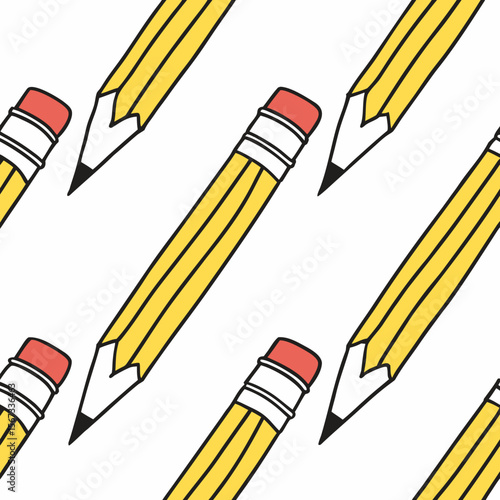 Seamless Pattern of Yellow Pencils with Erasers on a White Background