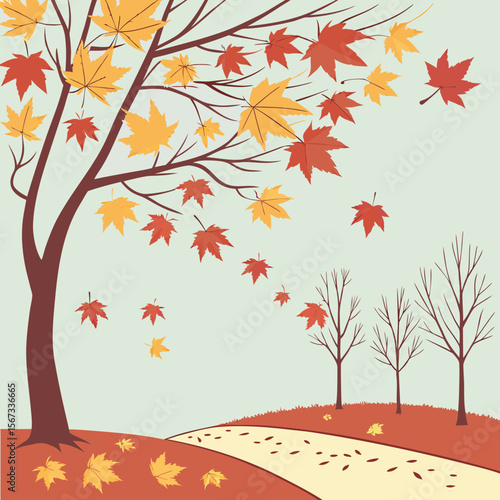 Autumnal Landscape with Falling Leaves and Bare Trees on a Winding Path