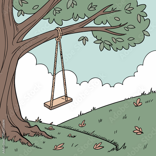 Cartoon Tree Swing Illustration with Leaves and Grass on a Sunny Day