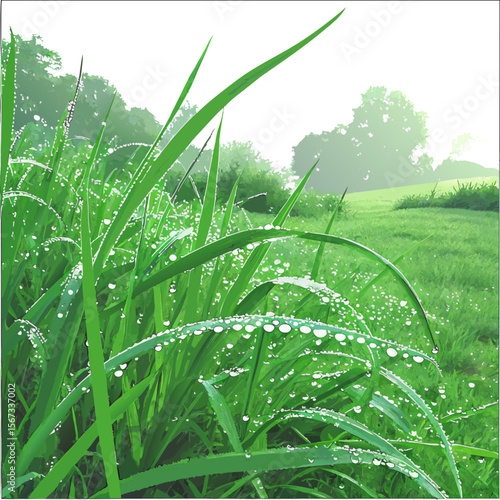 Morning Dew on Grass Blades in a Lush Green Field Landscape