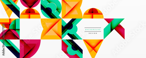Abstract geometric shapes, vibrant colors, modern design. Overlapping triangles create dynamic visual texture. Clean white background enhances contrast.