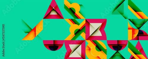 Abstract geometric shapes overlap, creating vibrant colorful composition. Teal background enhances visual impact.